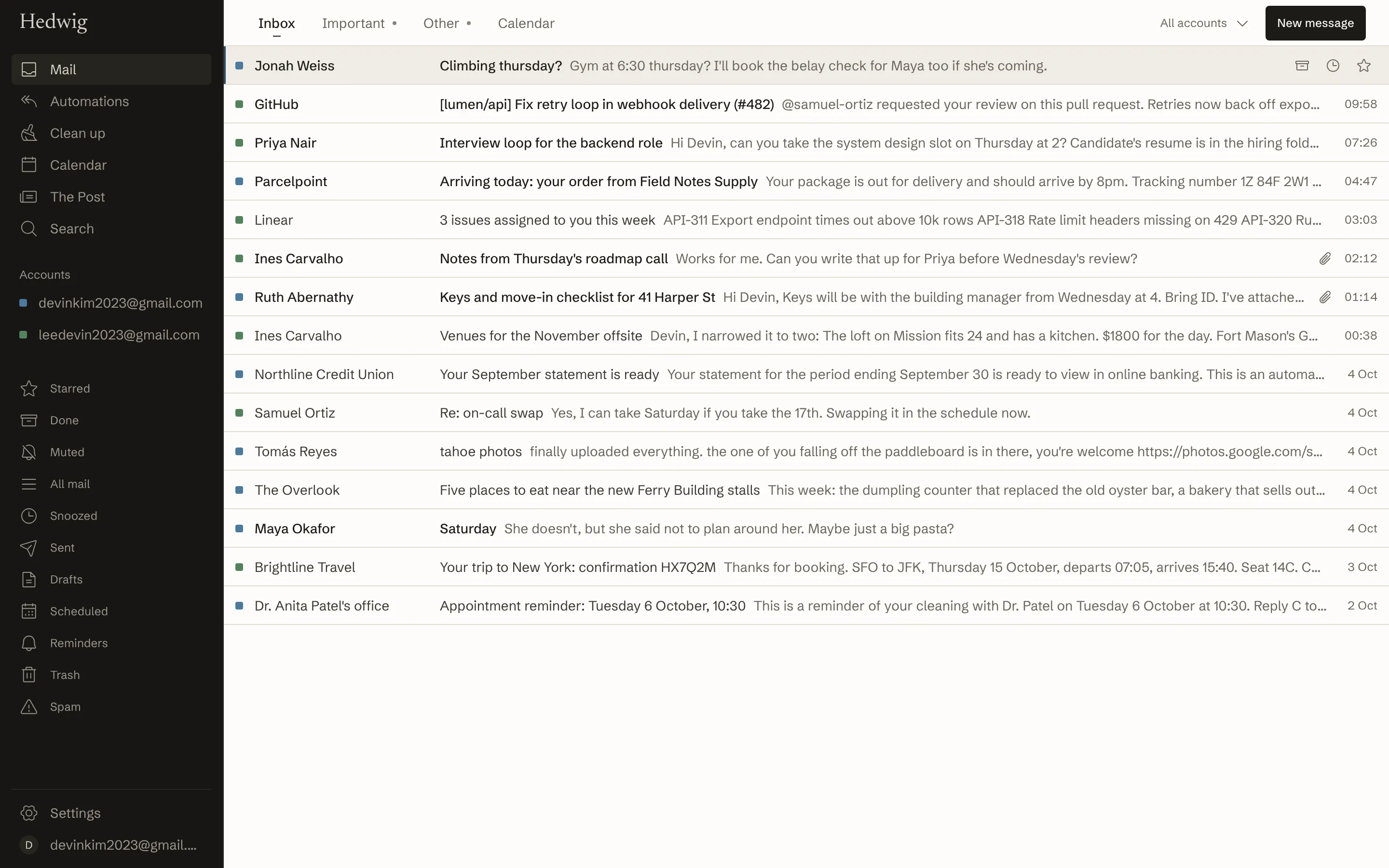 Hedwig's inbox with a thread open